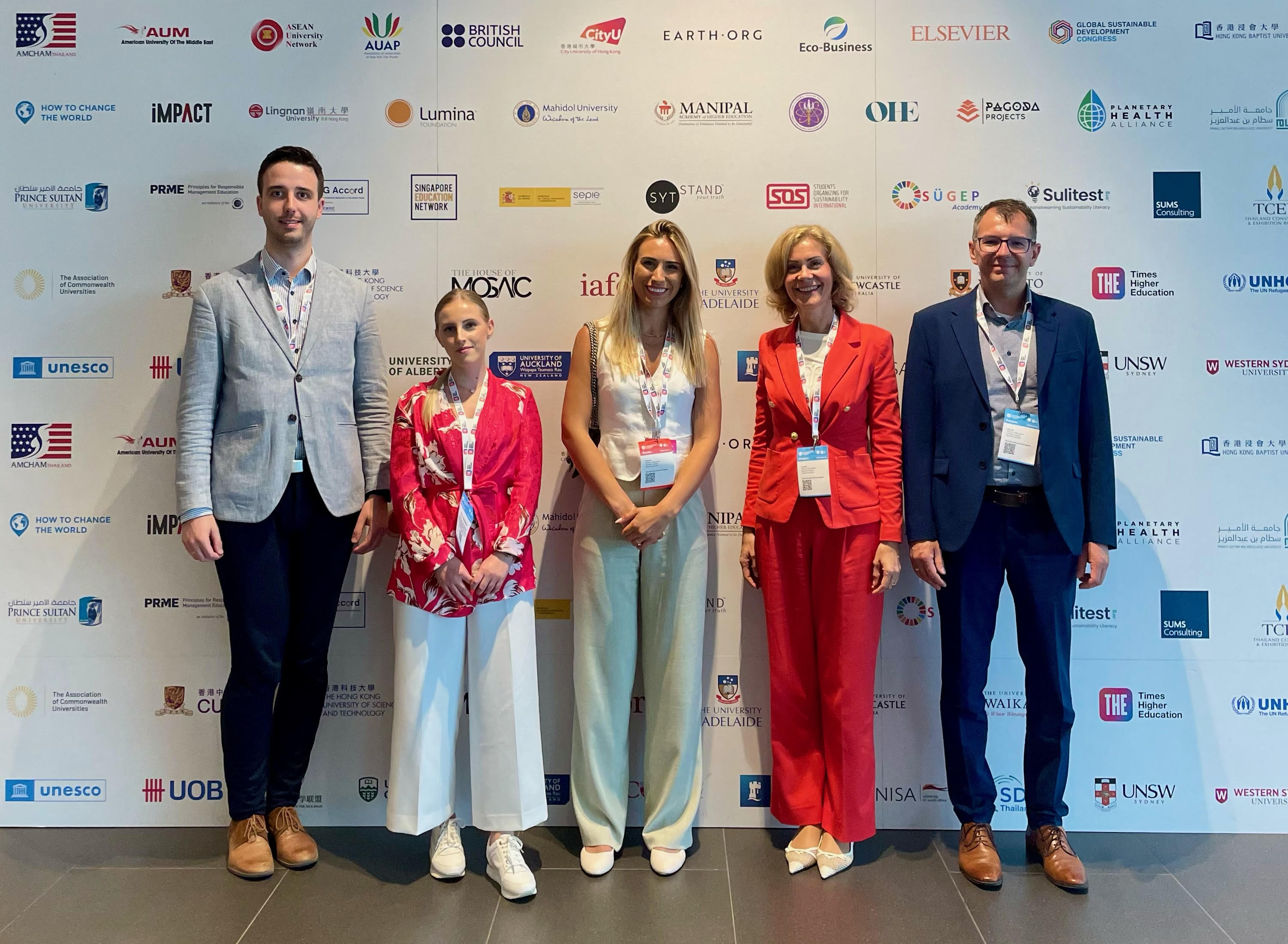 A delegation from Széchenyi István University attended the THE Global Sustainable Development Congress in Bangkok, where THE Impact Rankings results were announced. The photo shows Péter Németh, the University's scientific secretary, Célia Szénássy, Head, International Relations and Alumni Department, Magdalena Marzec, THE regional director, Dr Eszter Lukács, Vice President for International Affairs and Strategic Relations, as well as Dr András Torma, Head of the Department of Applied Sustainability.