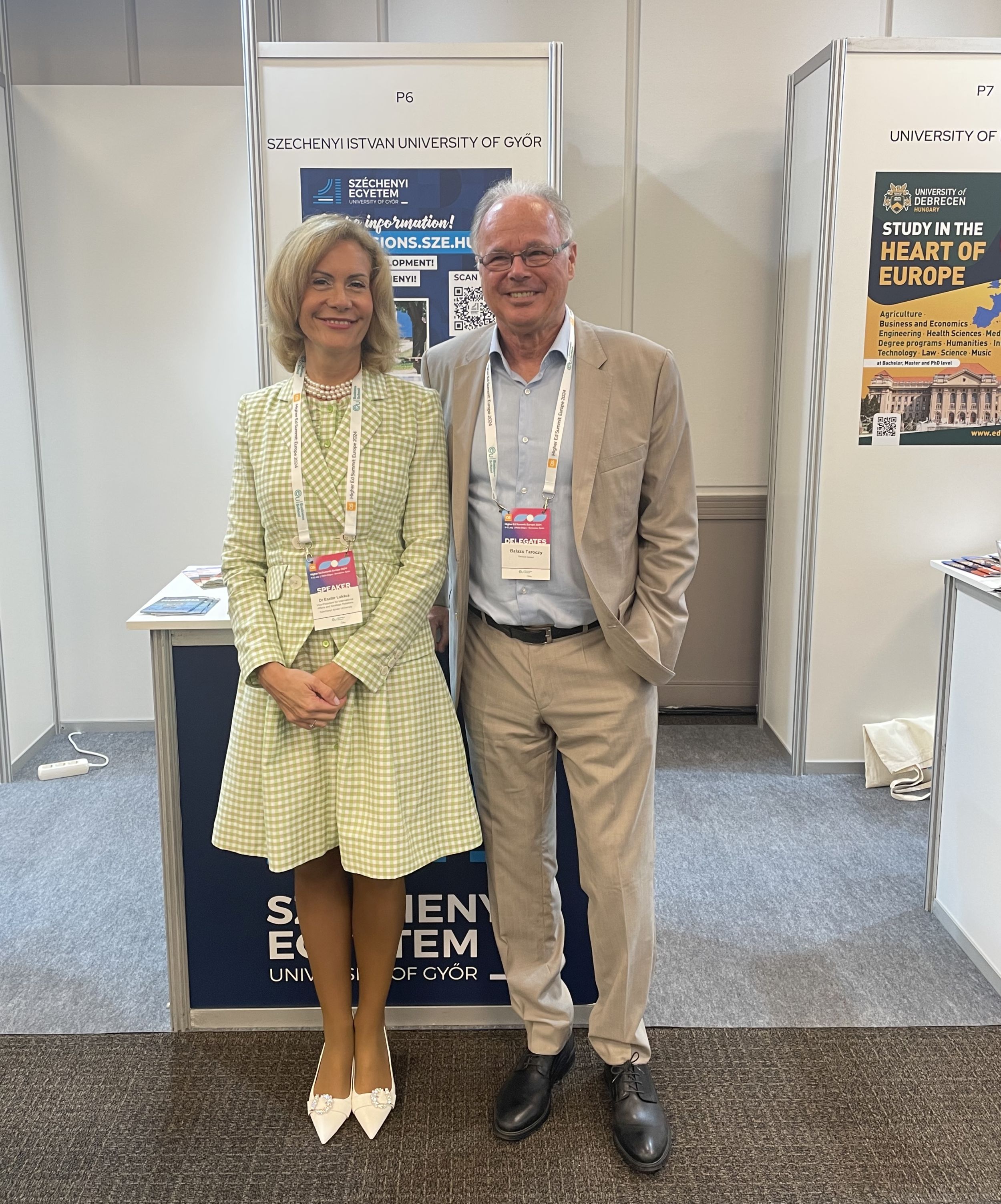 Dr Eszter Luk&aacute;cs, Vice President for International Affairs and Strategic Relations, with Bal&aacute;zs Tar&oacute;czy, Consul General in Barcelona in front of Sz&eacute;chenyi Istv&aacute;n University&rsquo;s stand in Barcelona.