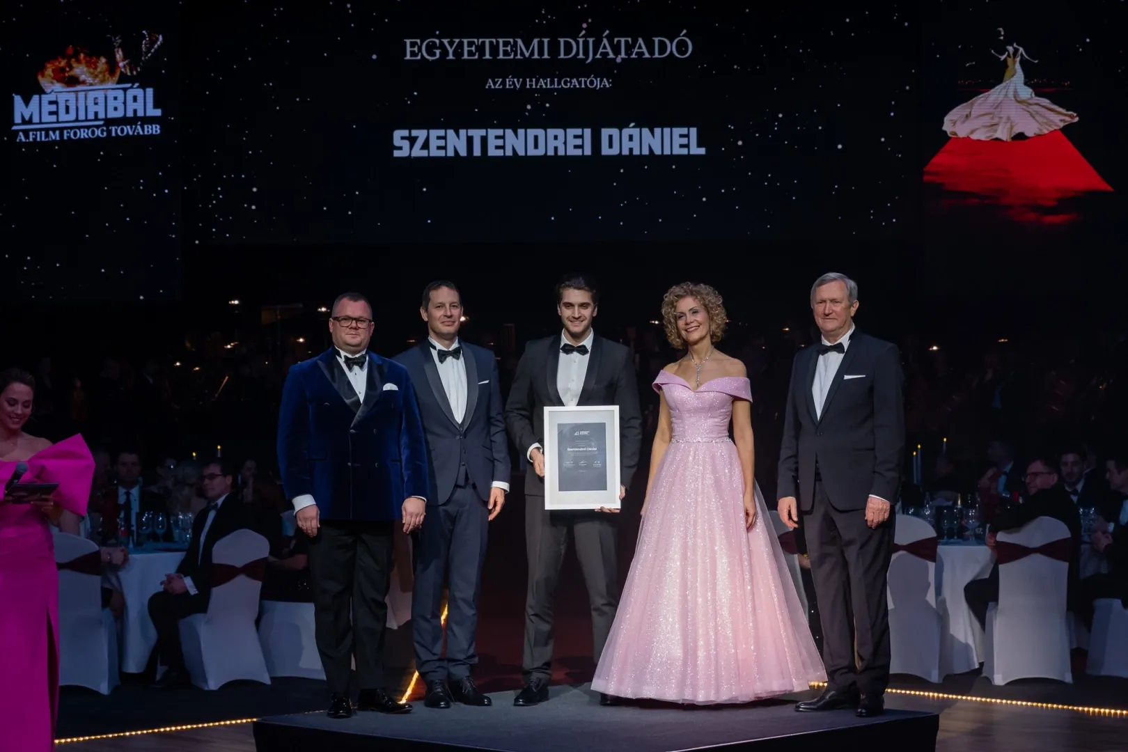 The Student of the Year 2024 Award was won by Dániel Szentendrei. He received the award from Dr Dávid Fekete, Regional Representative of the Mathias Corvinus Collegium’s Centre in Győr; Dr Zsolt Kovács, Vice President for General Affairs and Education at Széchenyi István University; Dr Eszter Lukács, Vice President for International and Strategic Relations; and Prof. Dr Ferenc Friedler, Vice President for Scientific Affairs and Rector of the University. (Photo: András Adorján)