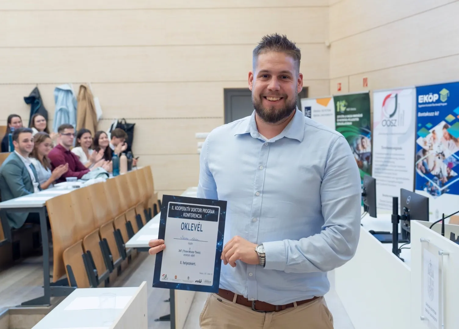Ádám Vörös, PhD student of the Cooperative Doctoral Programme at Széchenyi István University, achieved second place at the prestigious 3MT competition (Photo: Cooperative Doctoral Programme Conference)