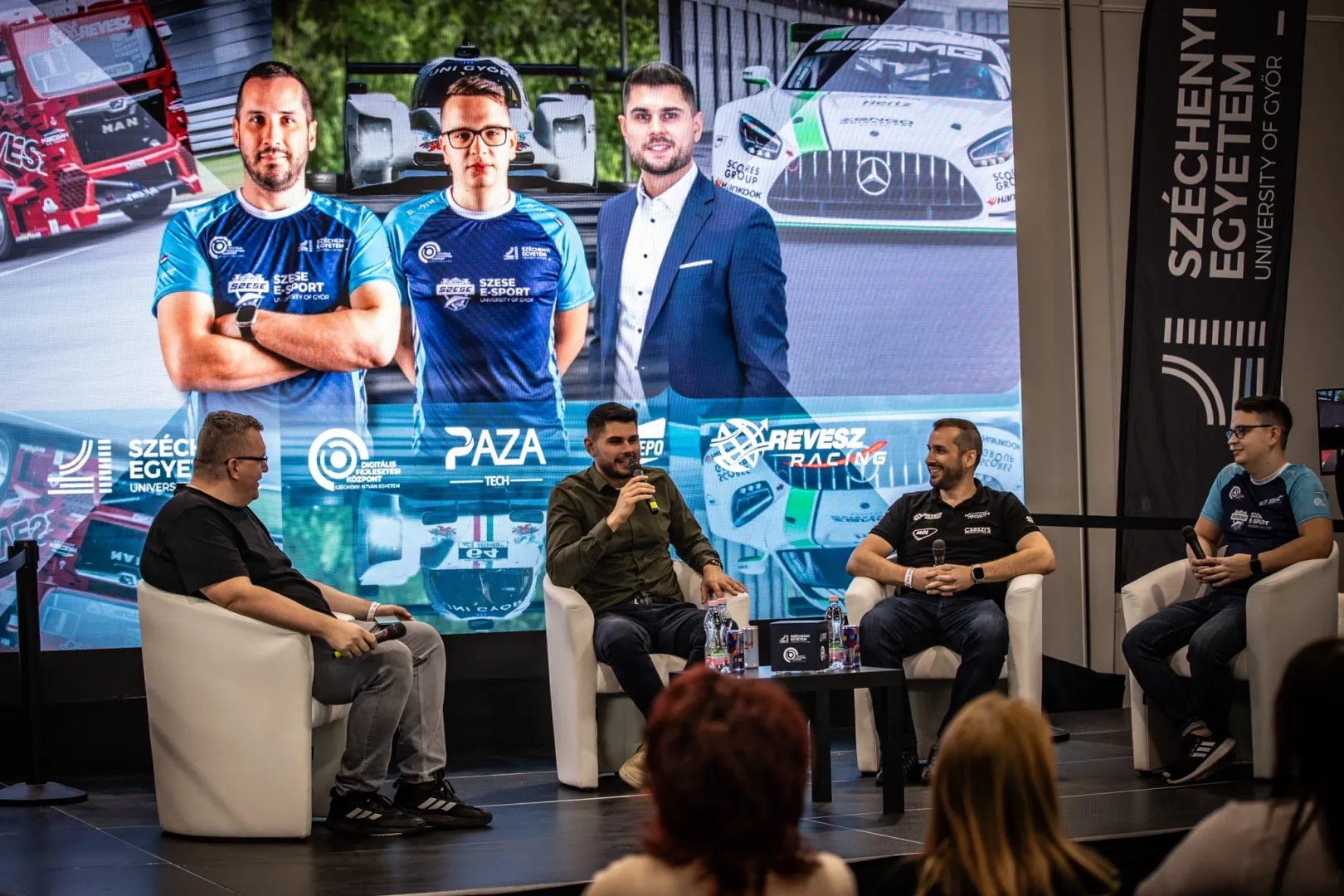 Leading figures of the sport—among them Dani Nagy and Norbert Kiss (second and third from the left)—also discussed the transferability between simulator racing and real-world motorsport (Photo: Márta Bóta)