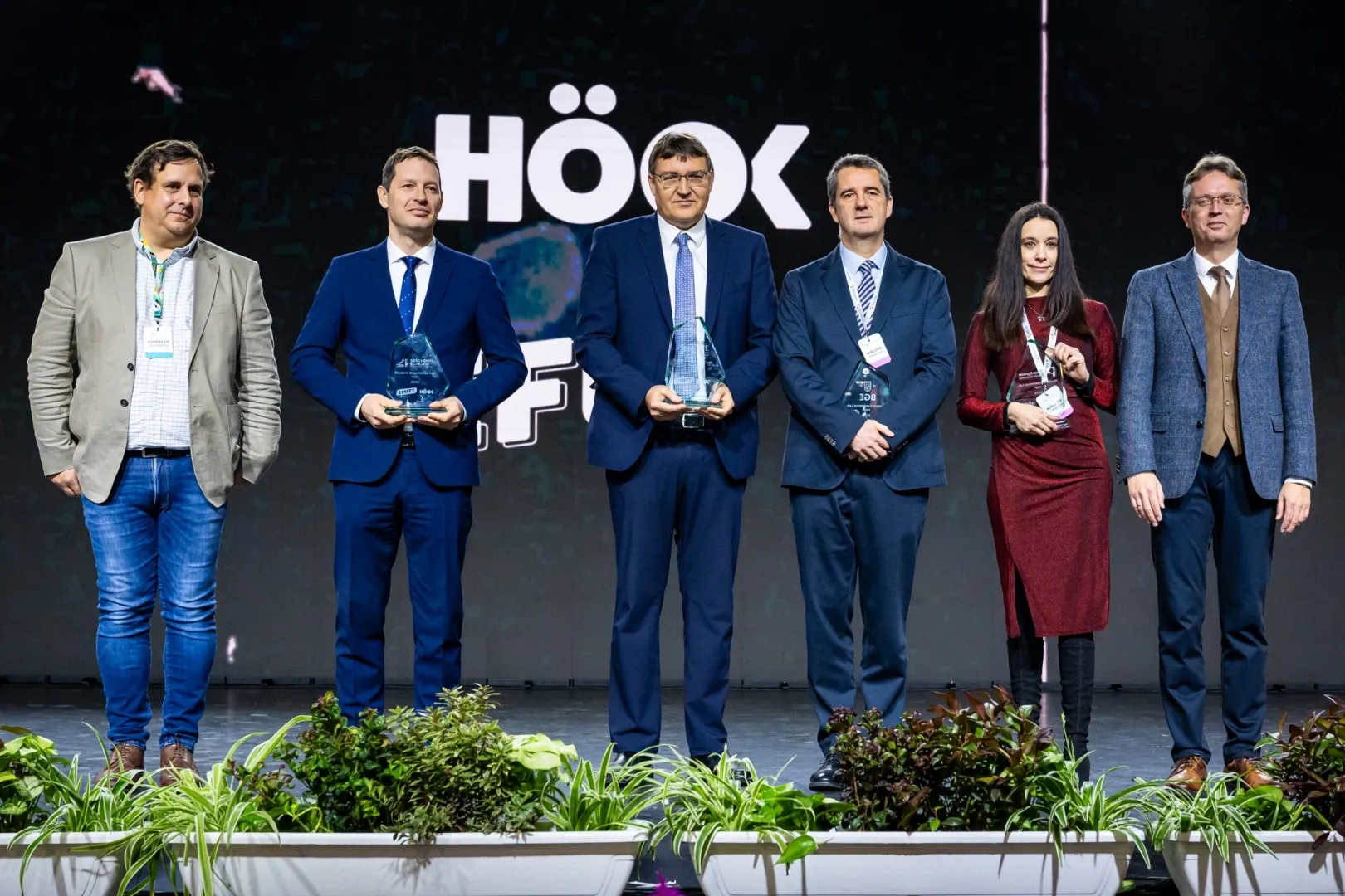 Gábor Lasztovicza, Managing Director of EFOTT; Dr Zsolt Kovács, Vice-President for General and Educational Affairs of Széchenyi István University; Dr Gyula Scheuer, Chancellor of ELTE; Dr György Andor, Rector of BGE; Dr Katalin Barna, Vice-Rector for Academic Affairs of the University of Pannonia; and Dr Balázs Hankó, Minister of Culture and Innovation, at the presentation of the EFOTT co-host plaques (Photo: Máté Dudás)