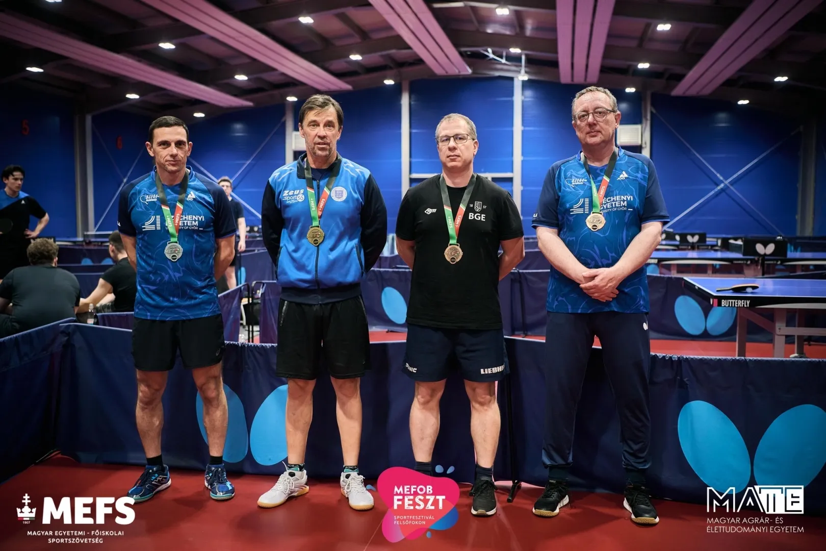 In the combined individual table tennis instructors’ competition, Gábor Patonai, representing Széchenyi István University, finished second (first from the left), while Dr Gábor Élő placed third (first from the right) (Photo: MEFOB Fest)