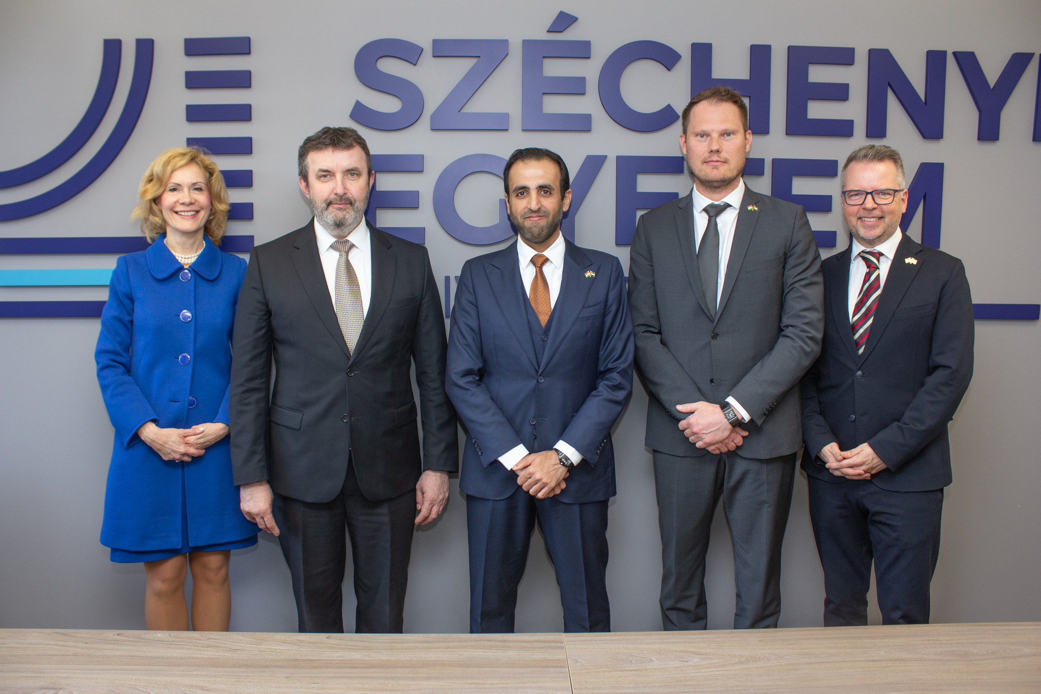 The Ambassador of the United Arab Emirates (centre) also met with Dr Eszter Lukács, Vice President for International Affairs and Strategic Relations of Széchenyi István University and Prof Dr László Palkovics, Chairman of the Board of Trustees of the Széchenyi István University Foundation (second from left).